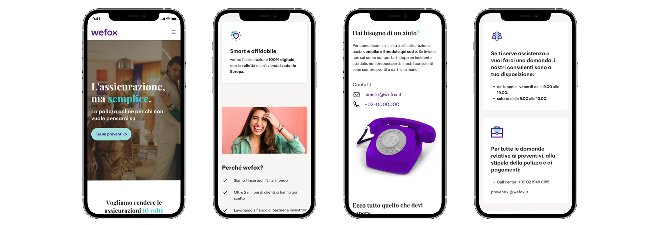 Quattro schermate mobile complete: presentazione del servizio, benefici, assistenza e FAQ