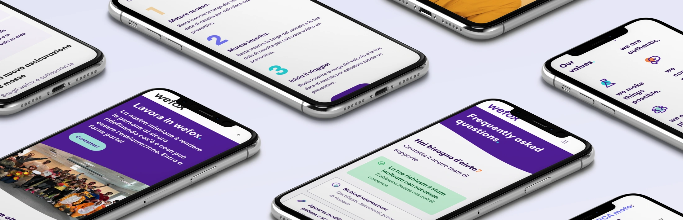 Composizione di schermate Wefox su smartphone: sito, assistenza e prodotto