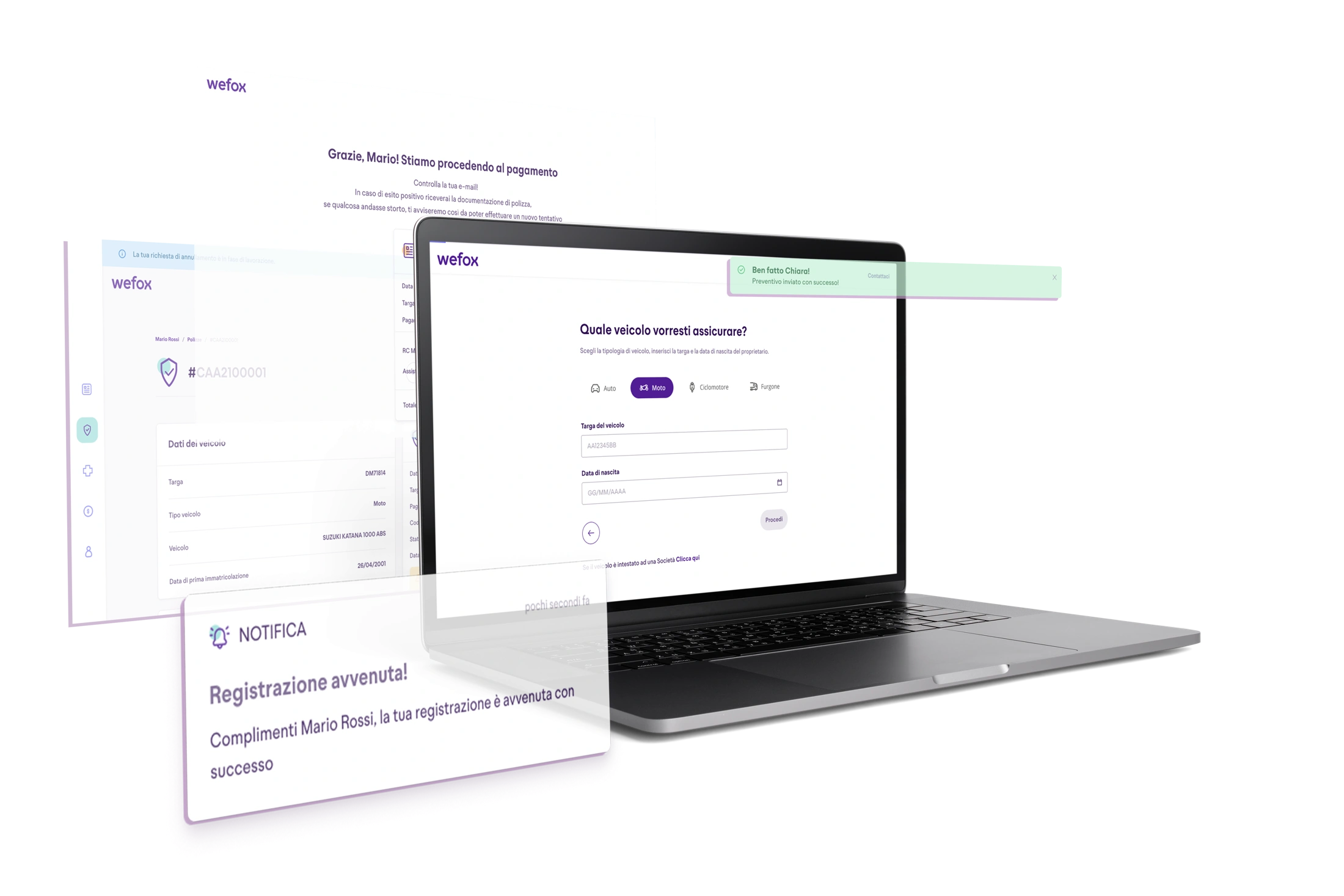 Mockup del flusso di preventivazione su laptop, con campi e notifiche del prodotto