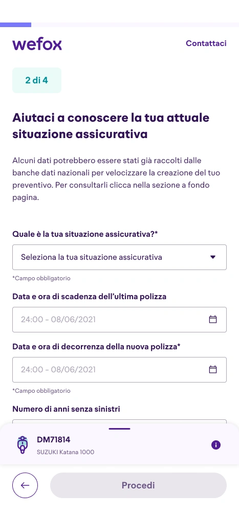 Dati assicurativi: schermata mobile con campi di selezione