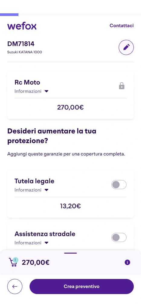 Schermata mobile con scelta delle garanzie e riepilogo del prezzo
